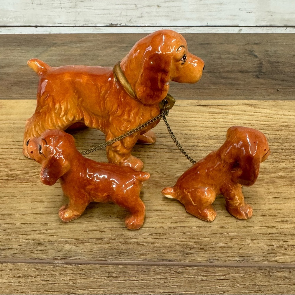 Vintage Ceramic Cocker Spaniel Mother Doggy With Chain Leashed Puppies Figurine - Picture 3 of 7
